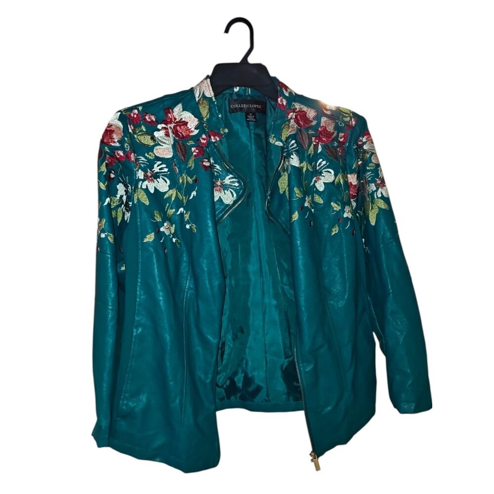 Colleen Lopez Women's Teal Faux Embroidered Leather Jacket 1X - Picture 3 of 4